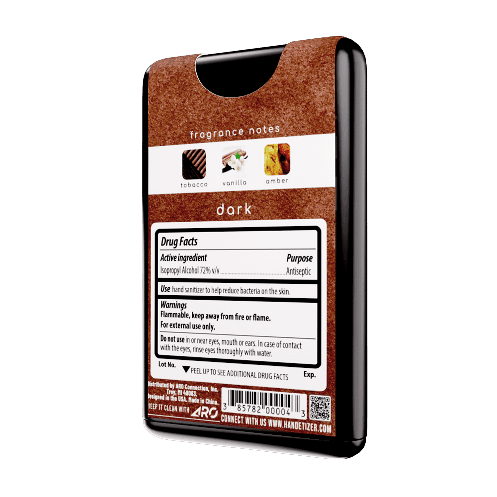 Rear 3/4ths facing view of the Suede hand sanitizer spray