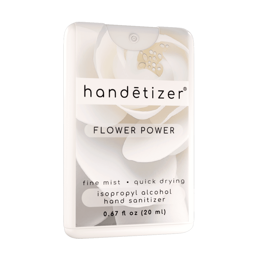 Front 3/4ths facing view of the Flower Power hand sanitizer spray