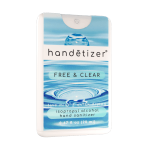 Front 3/4ths facing view of the Free & Clear hand sanitizer spray