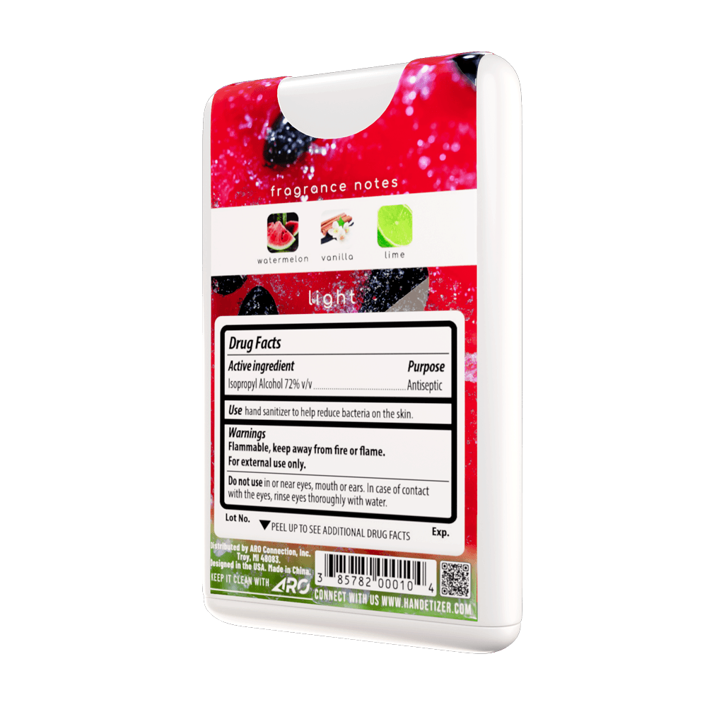 Rear 3/4ths facing view of the Watermelon Sugar hand sanitizer spray