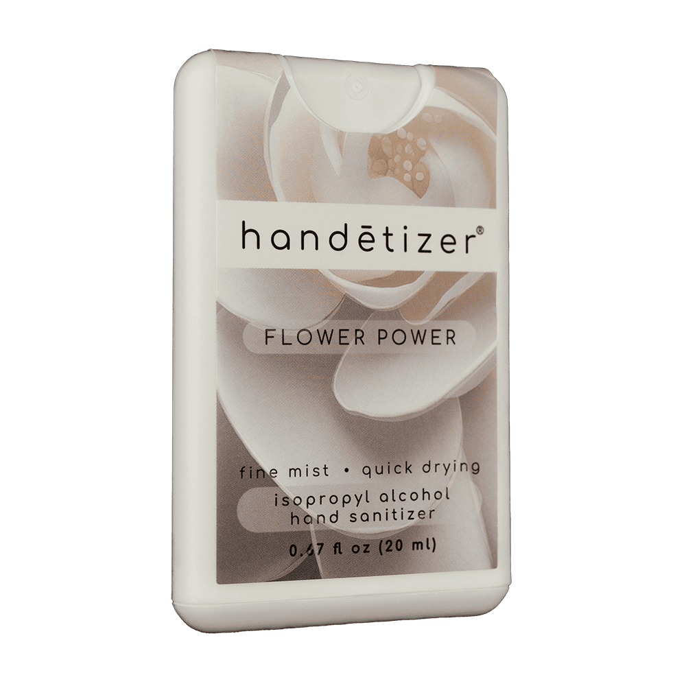 Front 3/4ths facing view of the Flower Power hand sanitizer spray