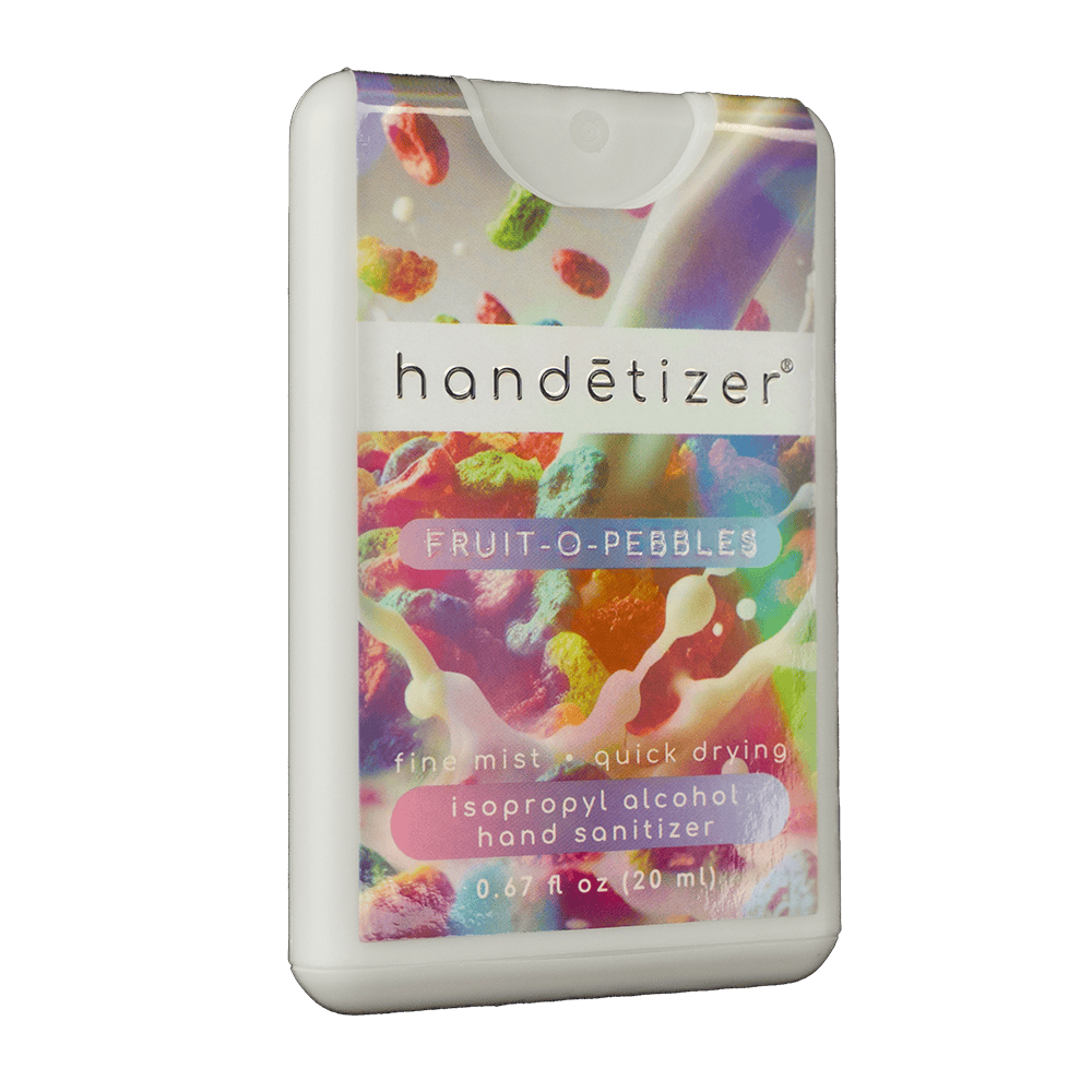 Front 3/4ths facing view of the Fruit o Pebbles hand sanitizer spray