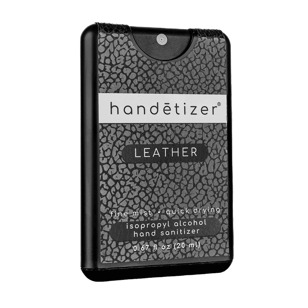 Front 3/4ths facing view of the Leather hand sanitizer spray
