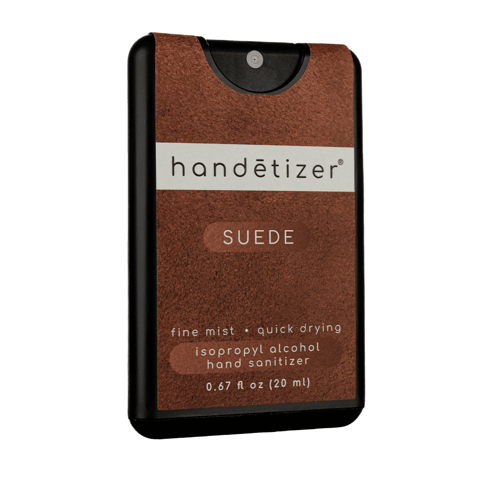 Front 3/4ths facing view of the Suede hand sanitizer spray