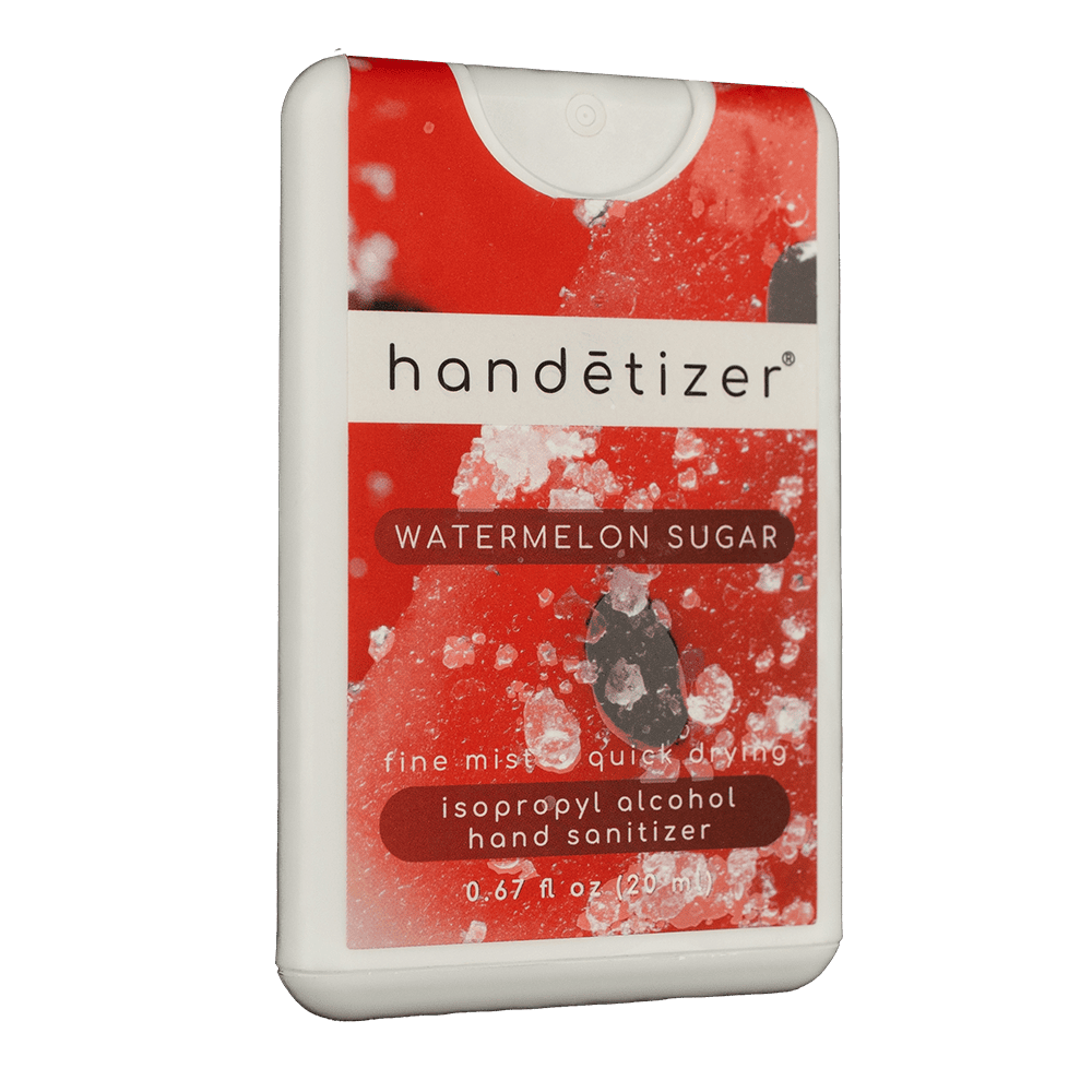 Front 3/4ths facing view of the Watermelon Sugar hand sanitizer spray