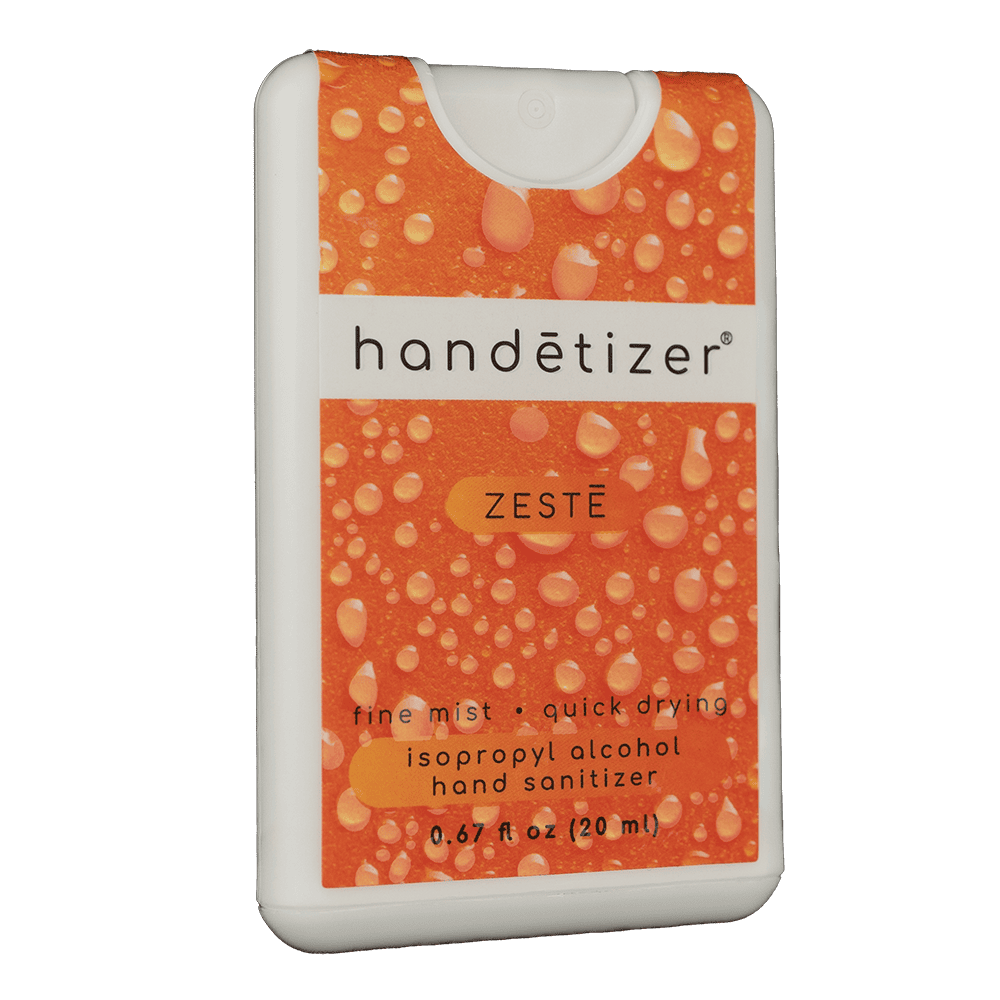 Front 3/4ths facing view of the Zestē hand sanitizer spray