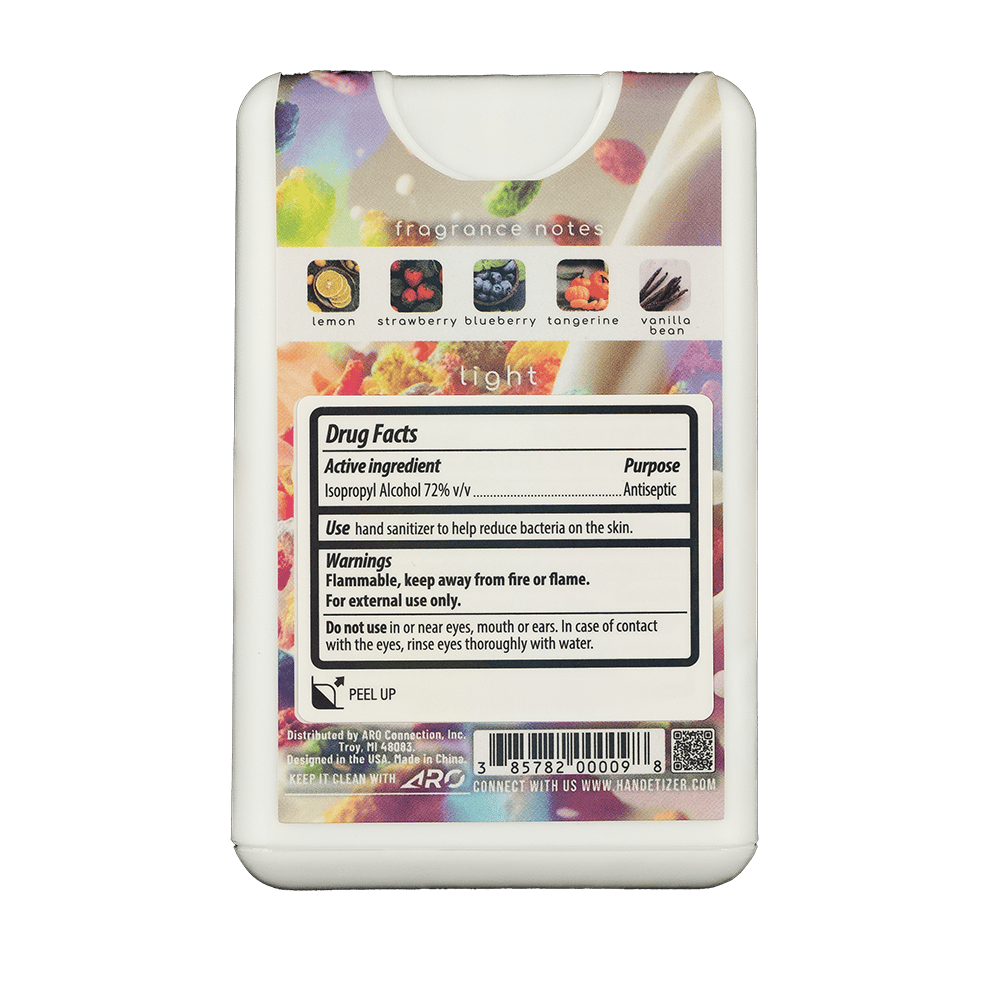 Back facing view of the Fruit O Pebbles hand sanitizer spray