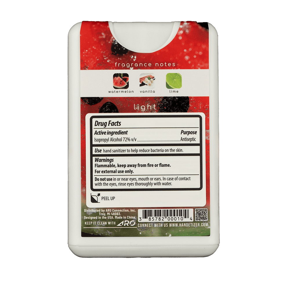 Back facing view of the Watermelon Sugar hand sanitizer spray