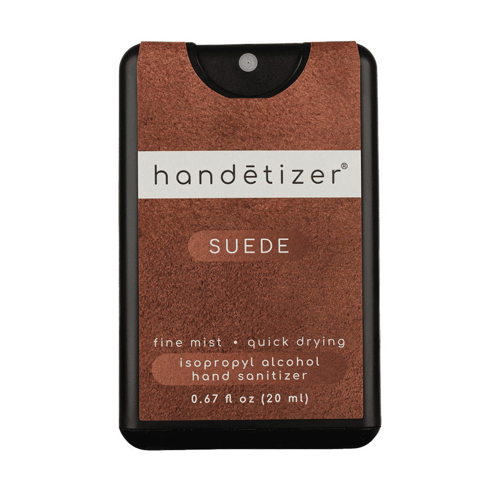 Front facing view of the Suede hand sanitizer spray