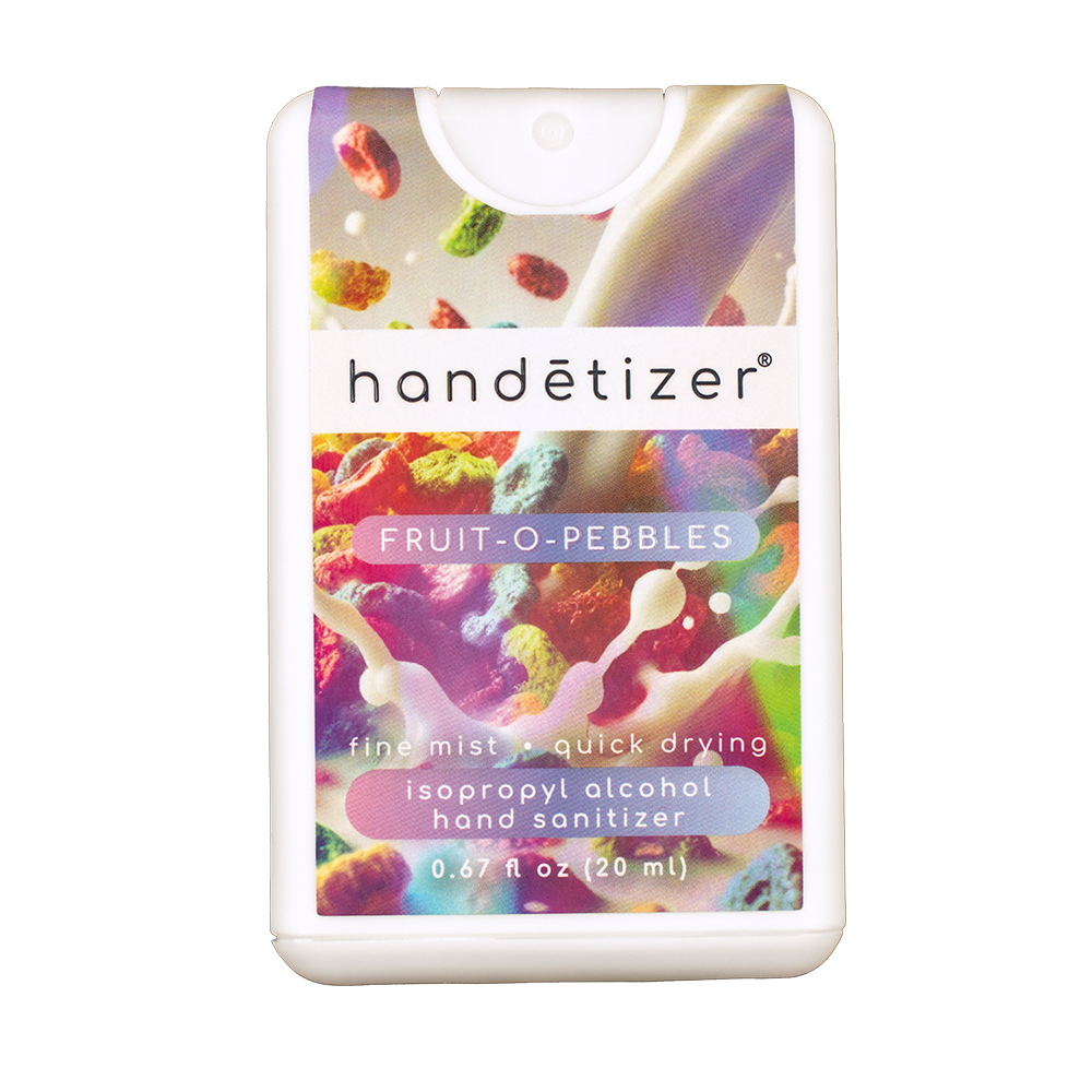 Front facing view of the Fruit O Pebbles hand sanitizer spray